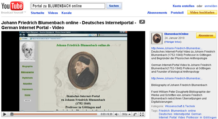 Johann Friedrich Blumenbach online als Video weltweit bei YOU TUBE